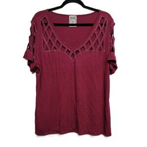 NEW Vocal Burgundy Laser Cut Short Sleeve Silver Stud Top 2X